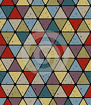 Aged triangle tiles seamless pattern, simplistic vector background.