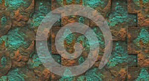 Aged verdigris and rust stone wall seamless pattern