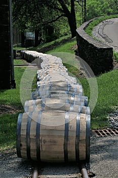 Aged whiskey, scotch, bourbon barrels in Kentucky ready for transportation