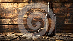 Aged wine bottle on wooden backdrop, atmospheric lighting, label reflection, high quality realism