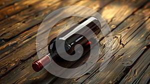 Aged wine bottle on wooden backdrop, detailed label, glass reflection, studio lighting for realism