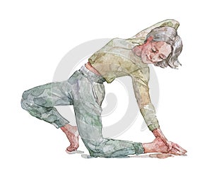 Aged woman doing yoga watercolor art