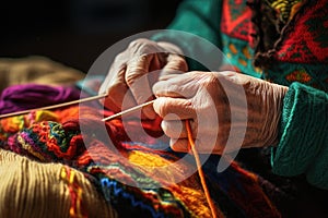 An aged woman grandmother knits with knitting needles