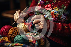 An aged woman grandmother knits with knitting needles