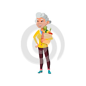 aged woman vegan with vegetables bag in market cartoon vector