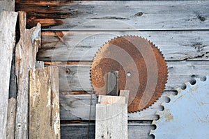 Aged Wood Boards with Round Saw Blades.