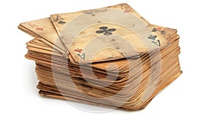 Aged, worn playing cards stacked, showing visible signs of use and history, with suit symbols faintly visible