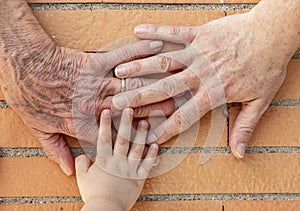 Aged and wrinkled hands with young hands