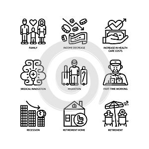 Ageing Society icons set