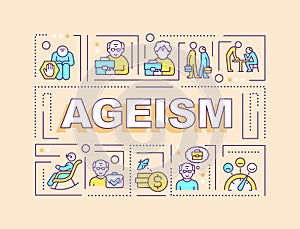Ageism text with multicolor thin line icons