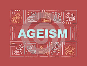 Ageism text with multicolor thin line icons