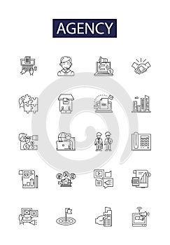 Agency line vector icons and signs. Firm, Bureau, Office, Group, Body, Authority, Service, Outfit outline vector