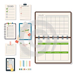 Agenda list vector business paper clipboard in flat style self-adhesive checklist notes schedule calendar planner