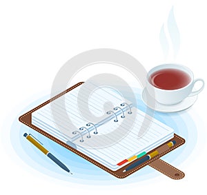 The agenda, pen and cup of tea. Flat vector isometric illustration