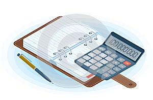 The agenda, pen and electronic calculator. Flat vector isometric