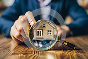Agent hand holding magnifying glass and looking at little house. Real estate, home search