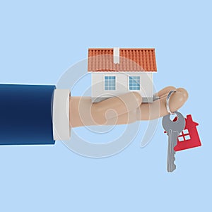 Agent hands with a house in the palm of your hand and a key on the finger. Offer to buy a house, rent a property.