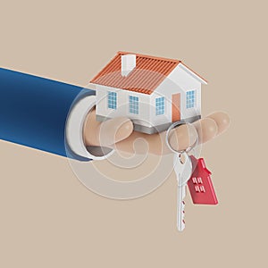 Agent hands with a house in the palm of your hand and a key on the finger. Offer to buy a house, rent a property.