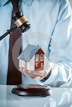 Agent Holding Miniature House with Wooden Gavel