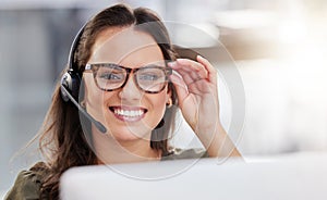 Agent, portrait and online technical support in call center with woman at computer to help or chat. Happy, consultant