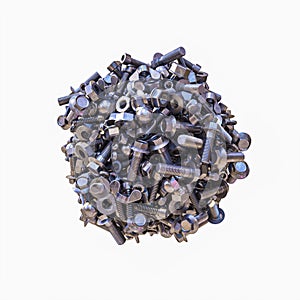 Agglomeration of bolts, nuts and small mechanical parts on a white background