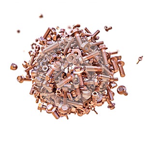 Aggregation of copper hardware on a white background