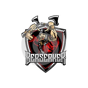 Aggressive and angry Berserker tribe or Viking with axe and shield vector badge logo template