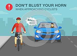 Aggressive and angry car driver is honking horn for no reason. Front view of a sedan car and cyclist on a bicycle.