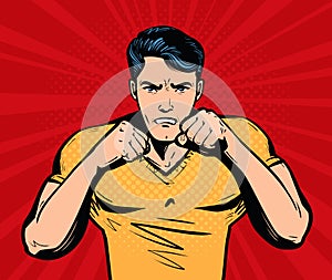 Aggressive and angry man with fists. Fighter, fight club concept. Cartoon vector illustration