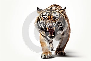 Aggressive, baring fangs, tiger isolated on a white background