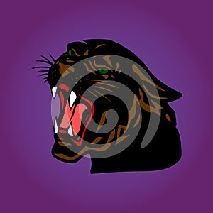 Aggressive Black Panther with open mouth, cartoon on a purple ba