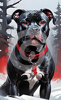 Aggressive black pit bull dog with red eyes ai generated.