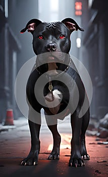 Aggressive black pit bull dog with red eyes ai generated.