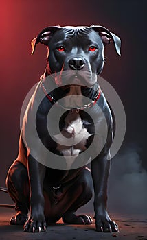 Aggressive black pit bull dog with red eyes ai generated.