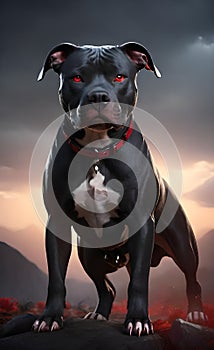 Aggressive black pit bull dog with red eyes ai generated.