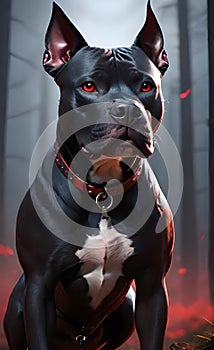 Aggressive black pit bull dog with red eyes ai generated.