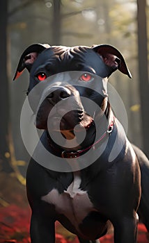 Aggressive black pit bull dog with red eyes ai generated.