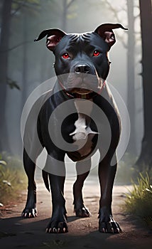 Aggressive black pit bull dog with red eyes ai generated.