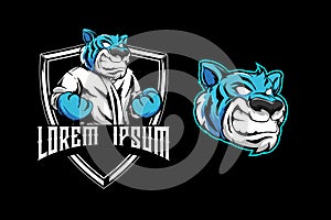 Aggressive blue tiger for martial arts club shield badge logo template