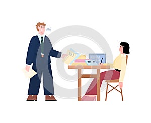 Aggressive boss shouting on employee, cartoon vector illustration isolated.