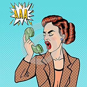 Aggressive Business Woman Screaming into the Phone. Pop Art