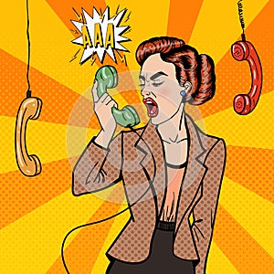 Aggressive Business Woman Screaming into the Phone. Pop Art