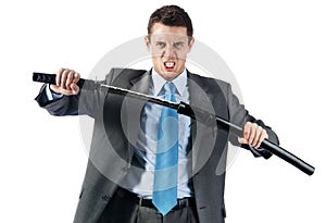 An aggressive businessman with japanese sword
