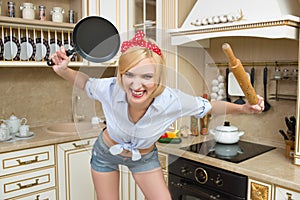 Aggressive cook in a pan, on the background of the