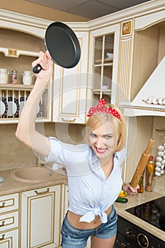 Aggressive cook in a pan, on the background of the