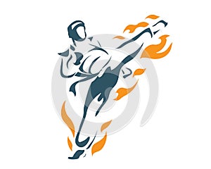 Aggressive Deadly Flying Front Kick Flame Taekwondo Athlete In Action Logo