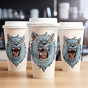 Aggressive Digital Illustration: Werewolf Coffee Cups Set And Ornaments