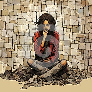 Aggressive Digital Illustration: Woman Sitting On Rocks In Front Of Stained Glass Wall