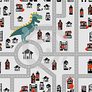 Aggressive dinosaur destroys urban building seamless pattern. An