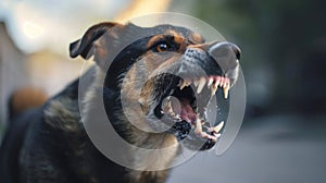 Aggressive Dog Showing Teeth on City Street